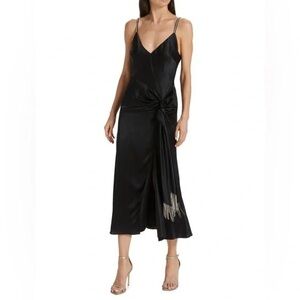 Christian Lacroix size L Black Satin Dress cocktail maxi wrap Swarovski